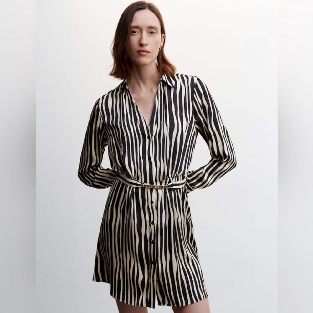 Mango Black and Cream Striped Shirt Dress